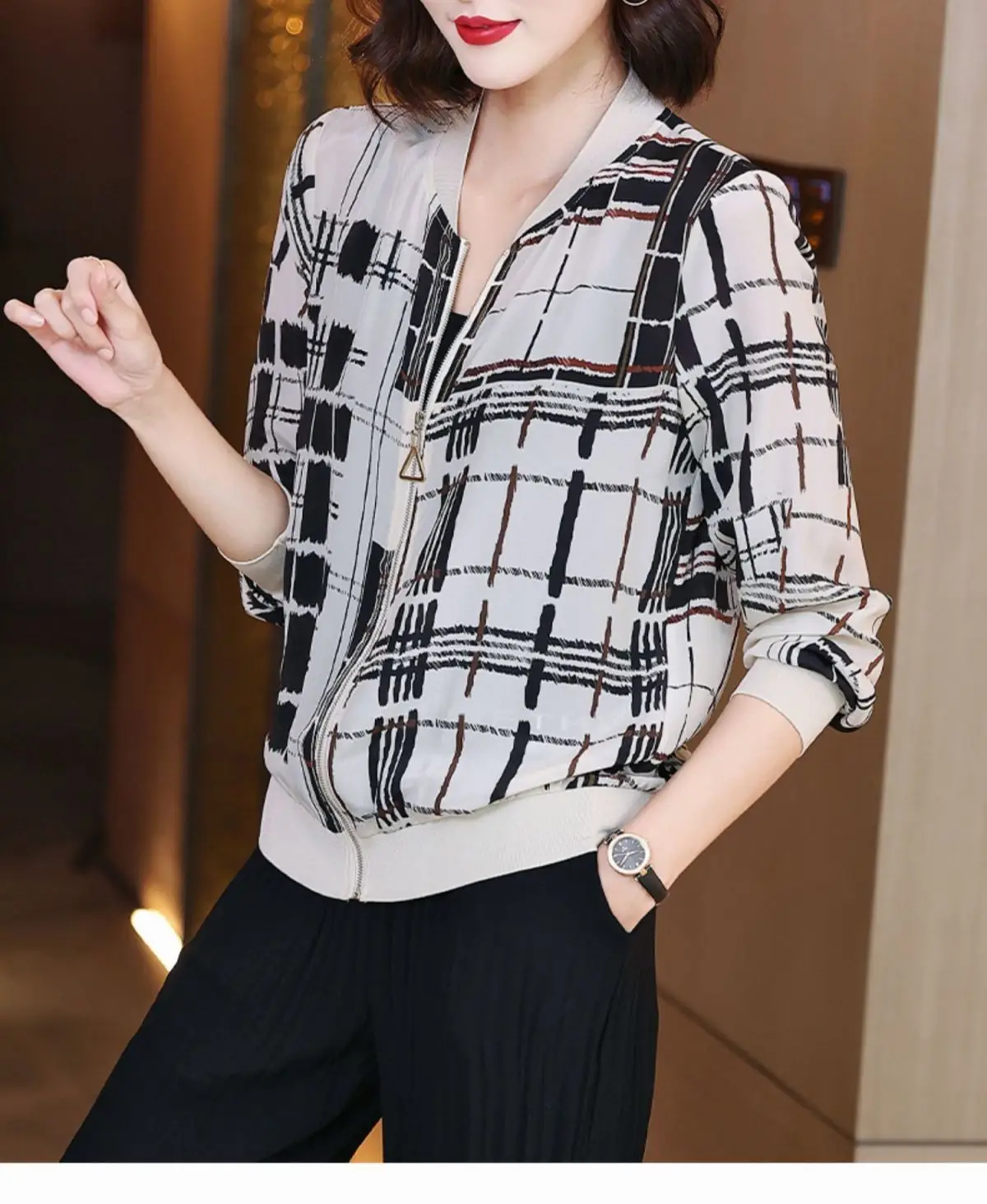 Women Printed Chiffon Jacket Black Gray Summer Coat — feature 8