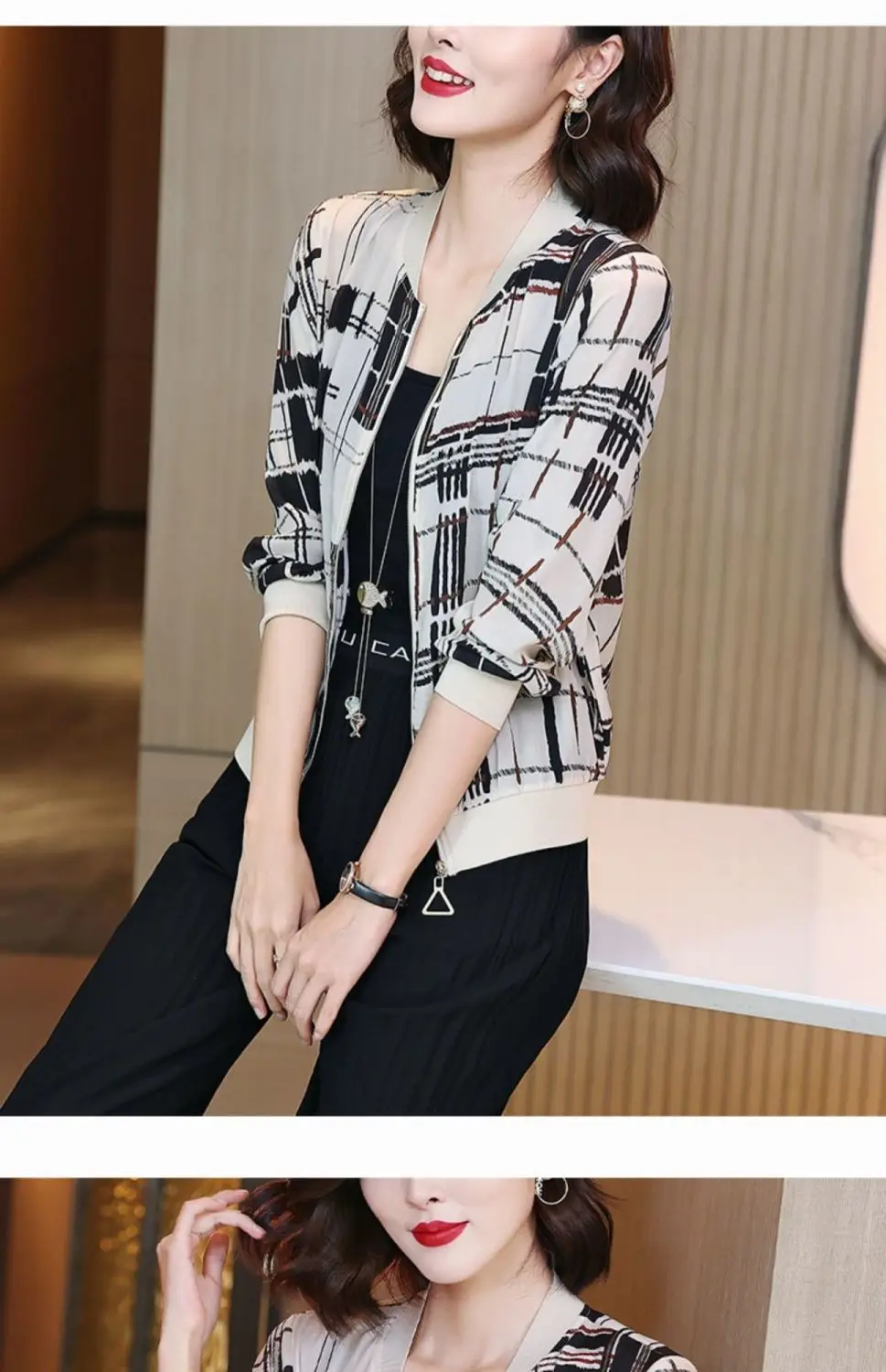 Women Printed Chiffon Jacket Black Gray Summer Coat — feature 9