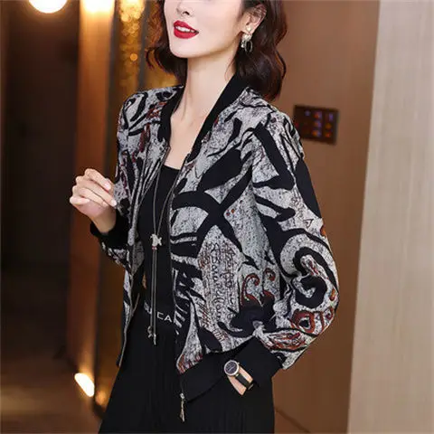 Women Printed Chiffon Jacket Black Gray Summer Coat - Image 2