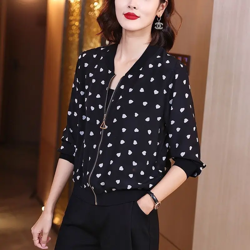 Women Printed Chiffon Jacket Black Gray Summer Coat - Image 3