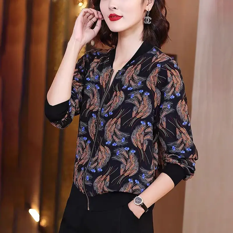 Women Printed Chiffon Jacket Black Gray Summer Coat - Image 4
