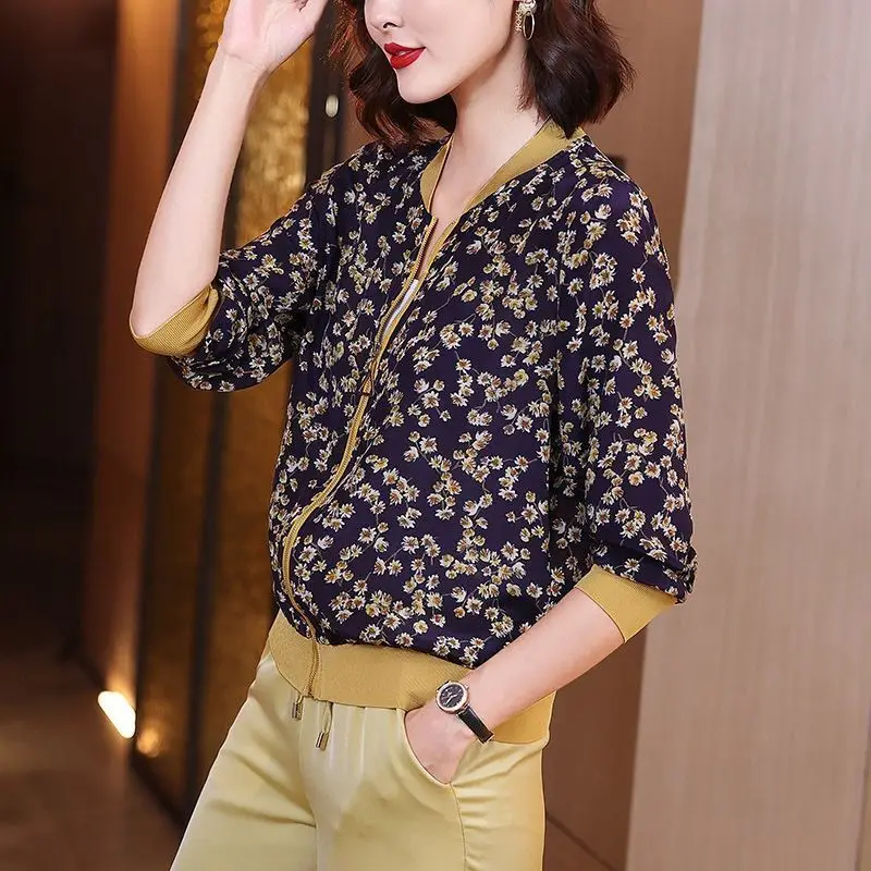 Women Printed Chiffon Jacket Black Gray Summer Coat - Image 5