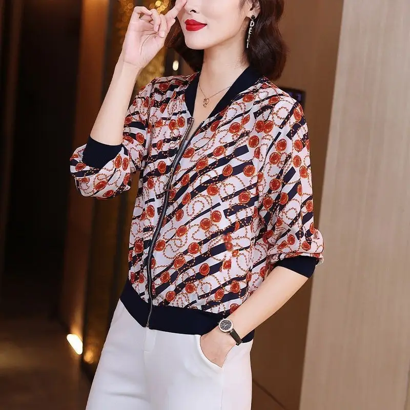 Women Printed Chiffon Jacket Black Gray Summer Coat - Image 6