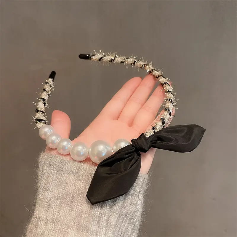 2022 Pearl Bunny Ear Hairband with Black Bow - Image 4