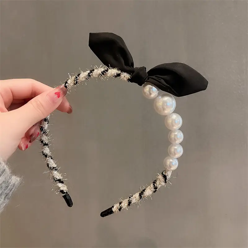 2022 Pearl Bunny Ear Hairband with Black Bow - Image 5