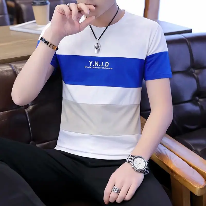 Men's 2023 Summer White Blue Striped T-Shirt Y.N.J.D - Image 9
