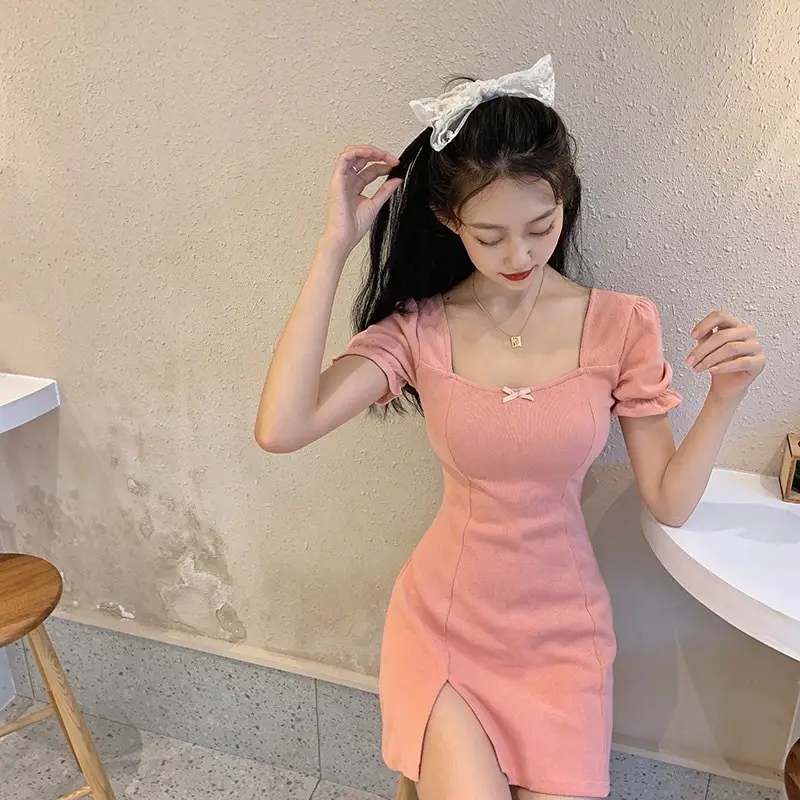 Women Short Skirt Dress Pink Square Collar Slimming — feature 13