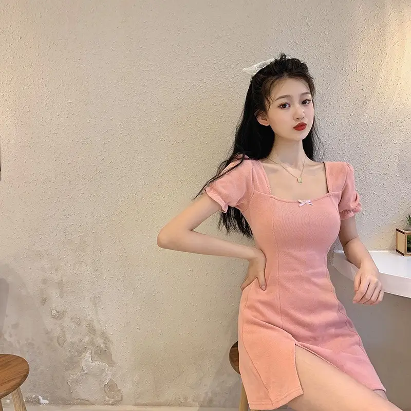 Women Short Skirt Dress Pink Square Collar Slimming — feature 14