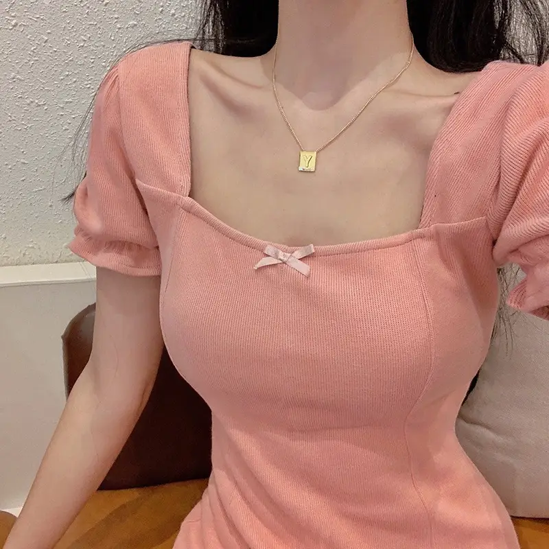 Women Short Skirt Dress Pink Square Collar Slimming — feature 17
