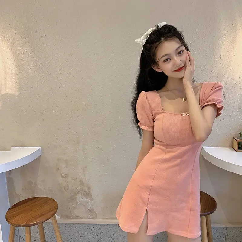 Women Short Skirt Dress Pink Square Collar Slimming — feature 2