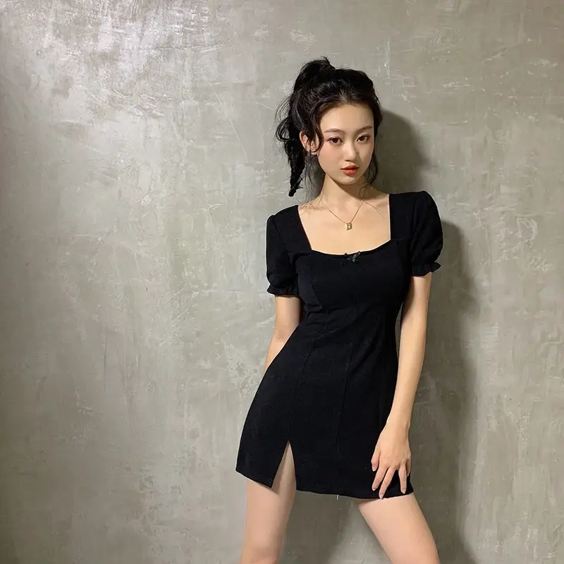 Women Short Skirt Dress Pink Square Collar Slimming — feature 5