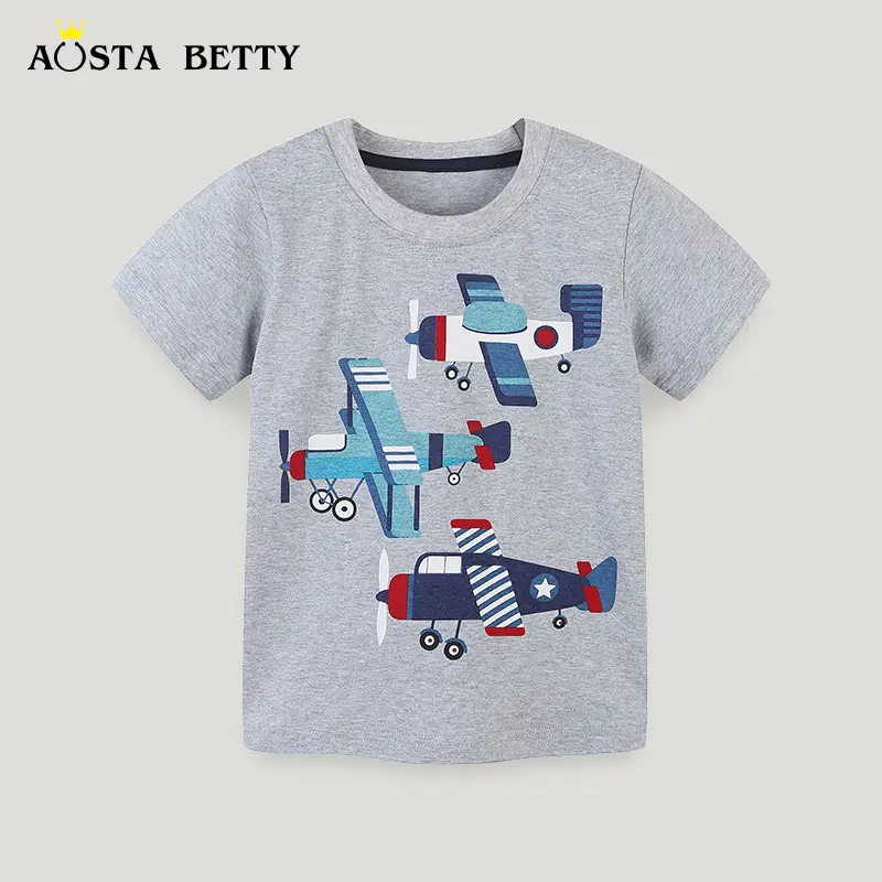 Kids Cartoon Airplane T-Shirt Grey Knitted Cotton - Image 2