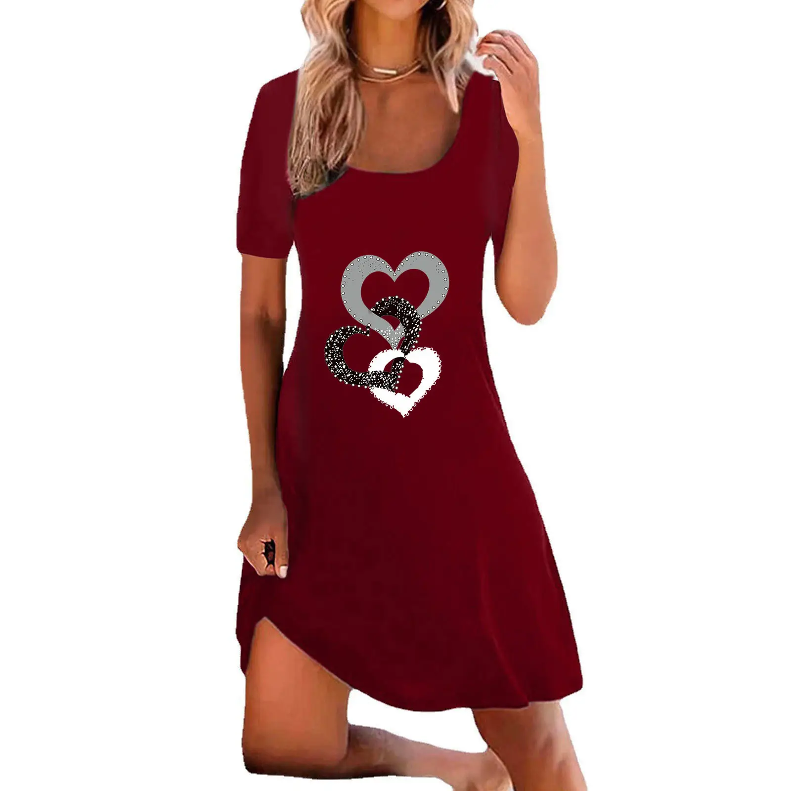 Women Printed Heart Love Dress Black Red Blue
