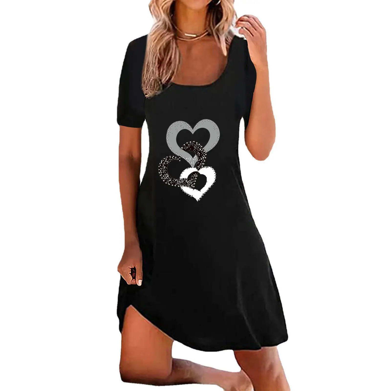 Women Printed Heart Love Dress Black Red Blue