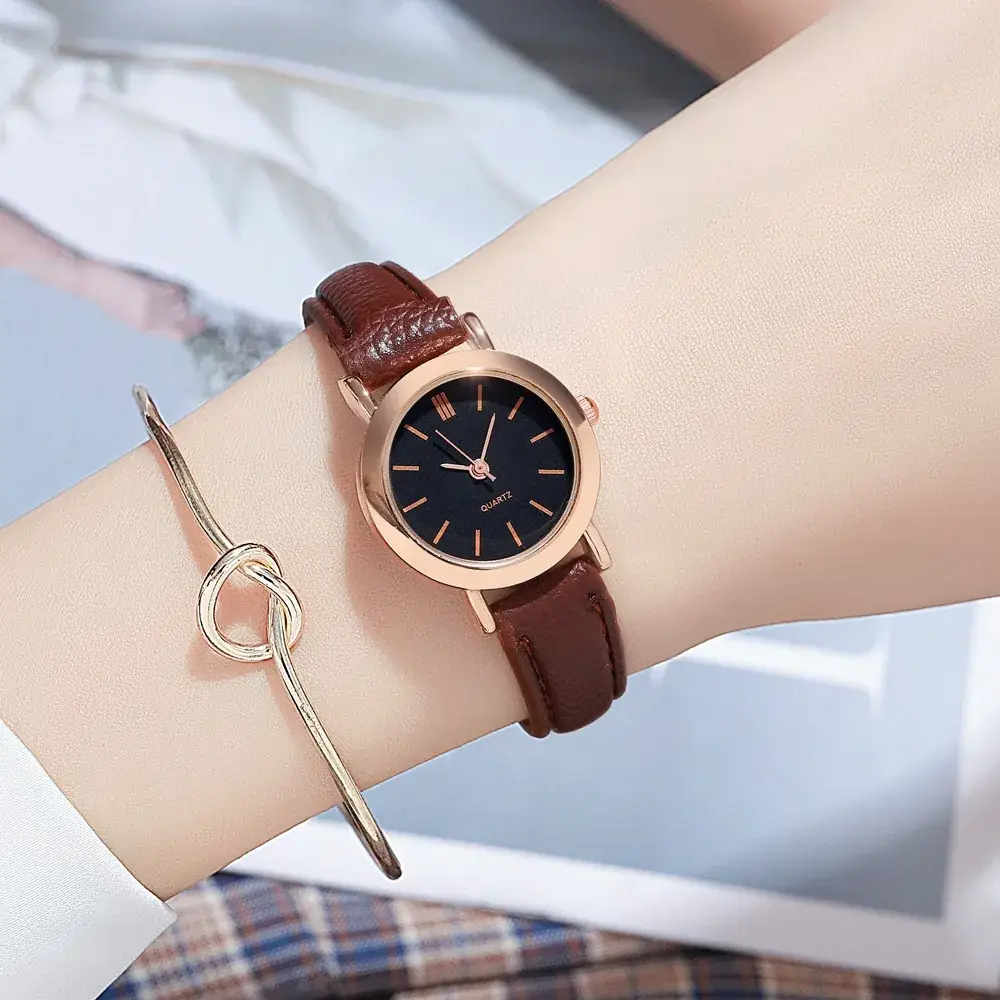 Women's Compact Watch with Leather Band & Gold Chain