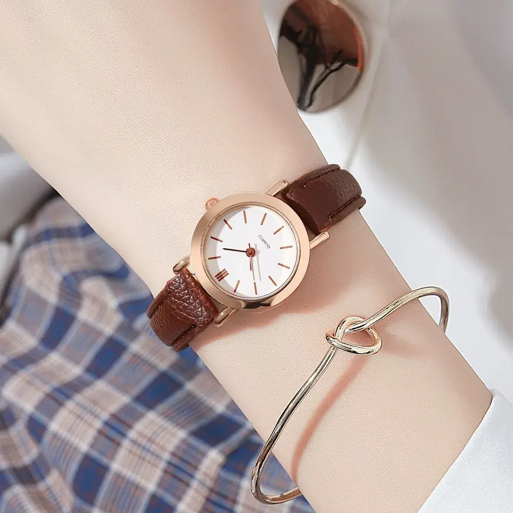 Women's Compact Watch with Leather Band & Gold Chain