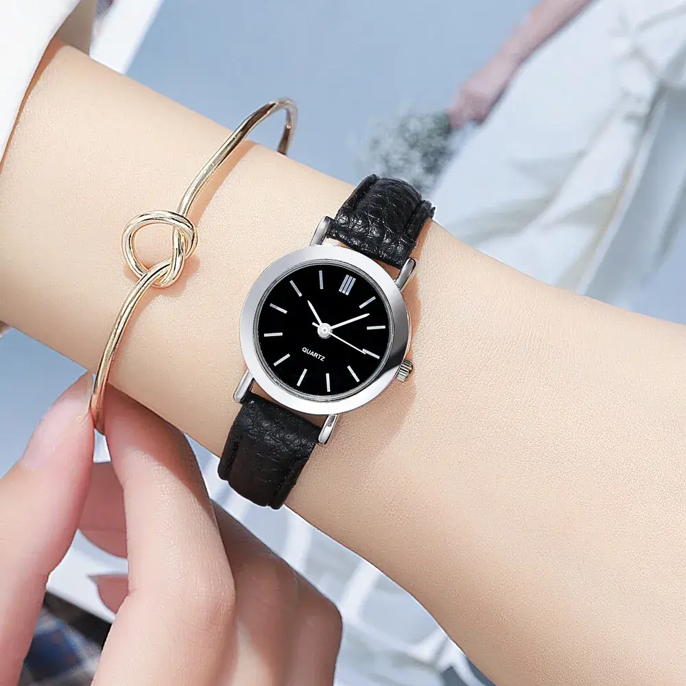 Women's Compact Watch with Leather Band & Gold Chain