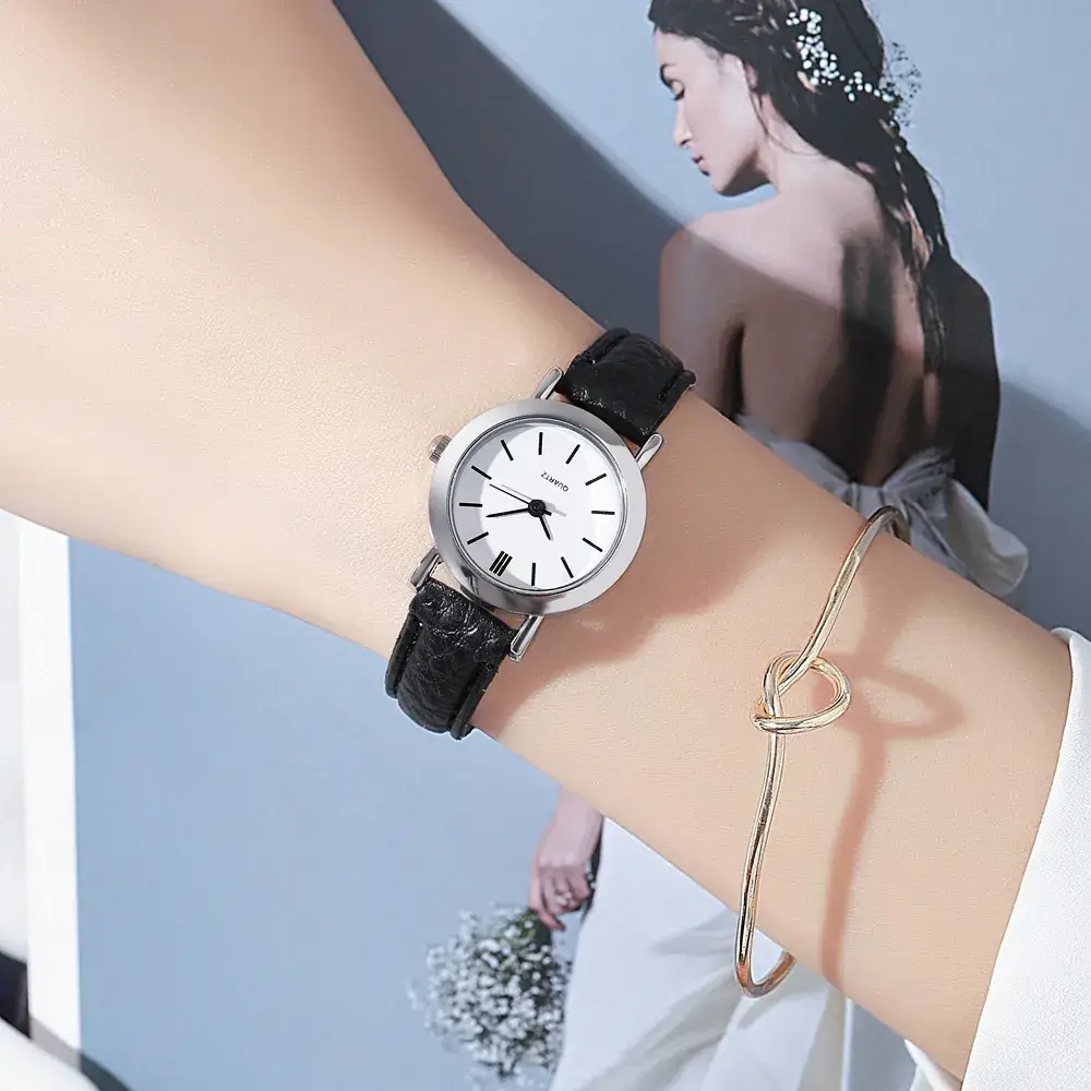 Women's Compact Watch with Leather Band & Gold Chain