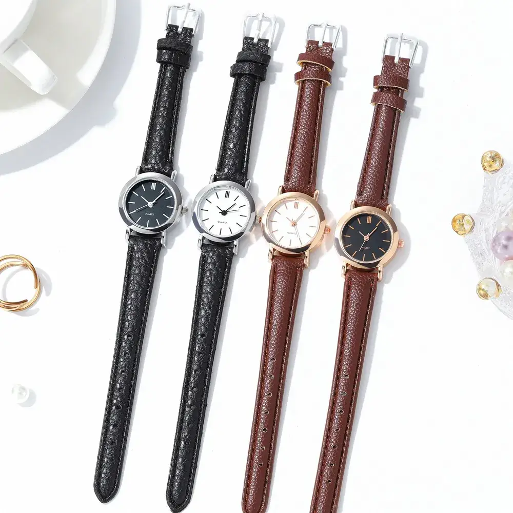 Women's Compact Watch with Leather Band & Gold Chain