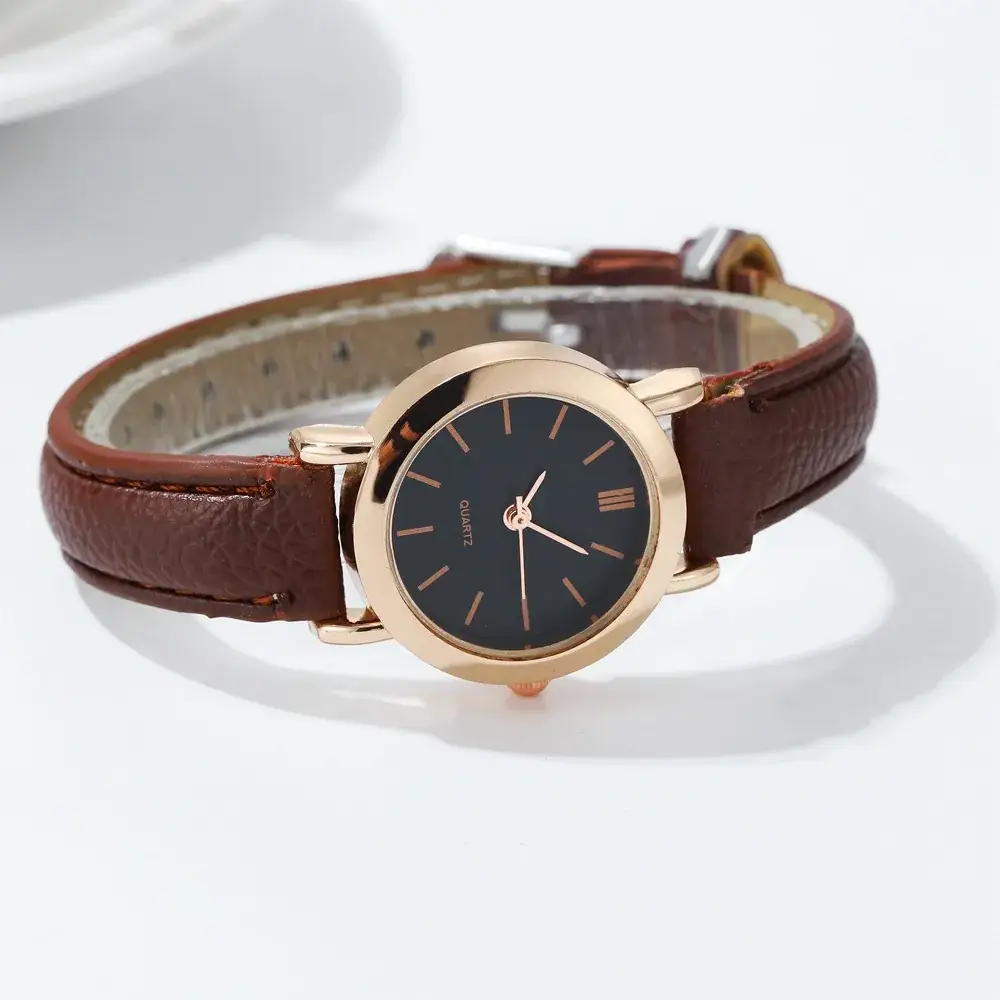 Women's Compact Watch with Leather Band & Gold Chain