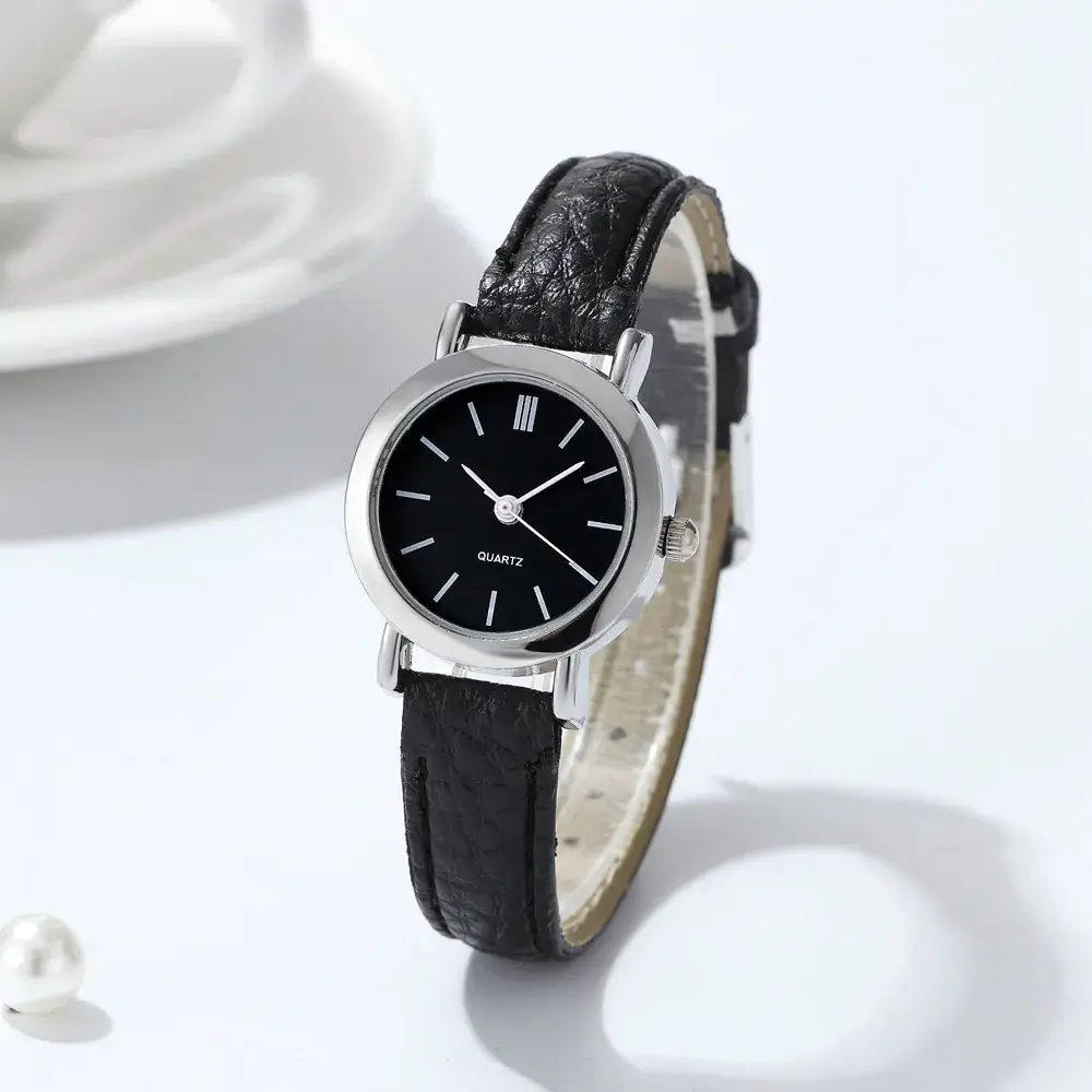 Women's Compact Watch with Leather Band & Gold Chain