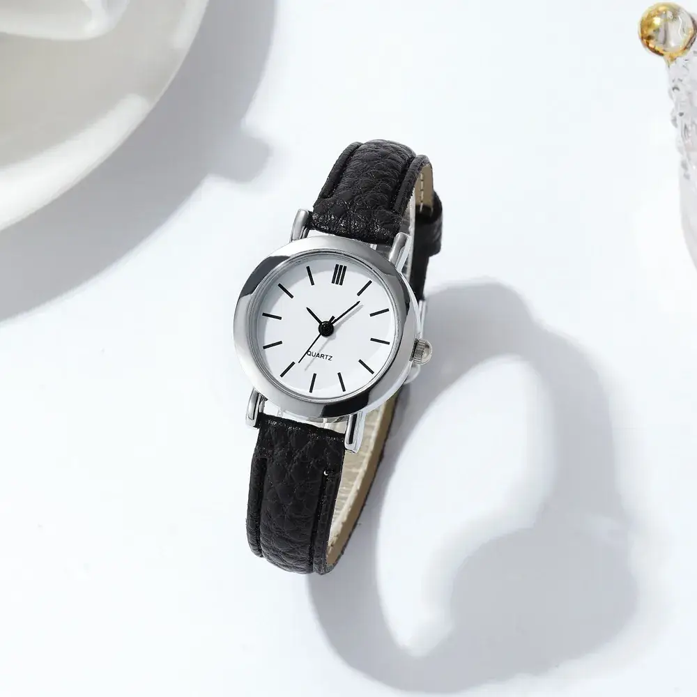 Women's Compact Watch with Leather Band & Gold Chain