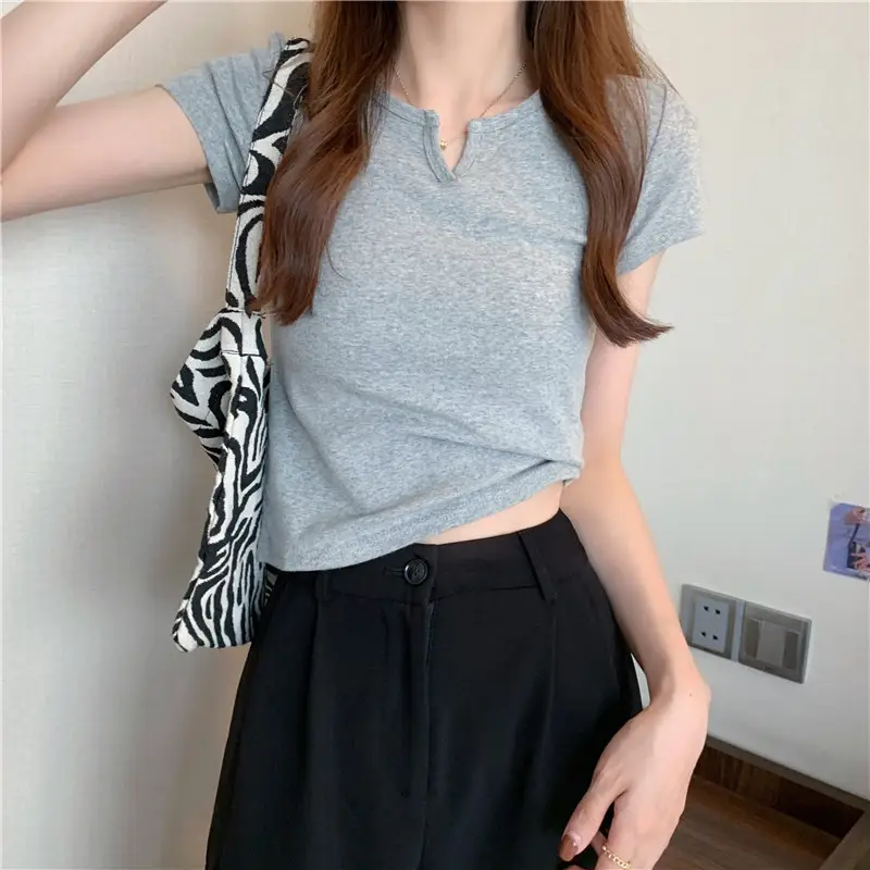 Women Grey Crop Top Short Sleeve Spicy Style 2025 — feature 29