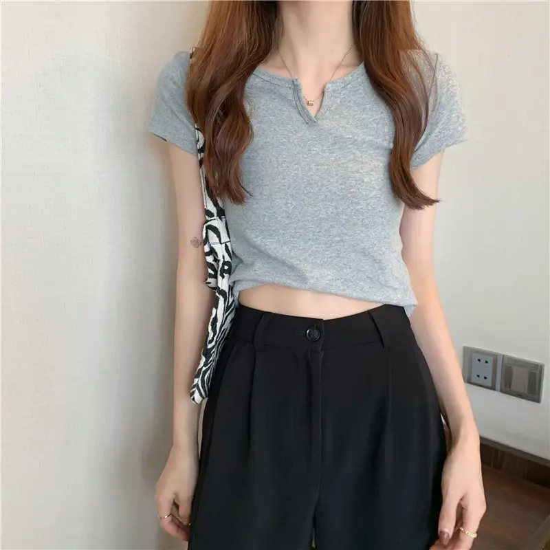 Women Grey Crop Top Short Sleeve Spicy Style 2025 — feature 31