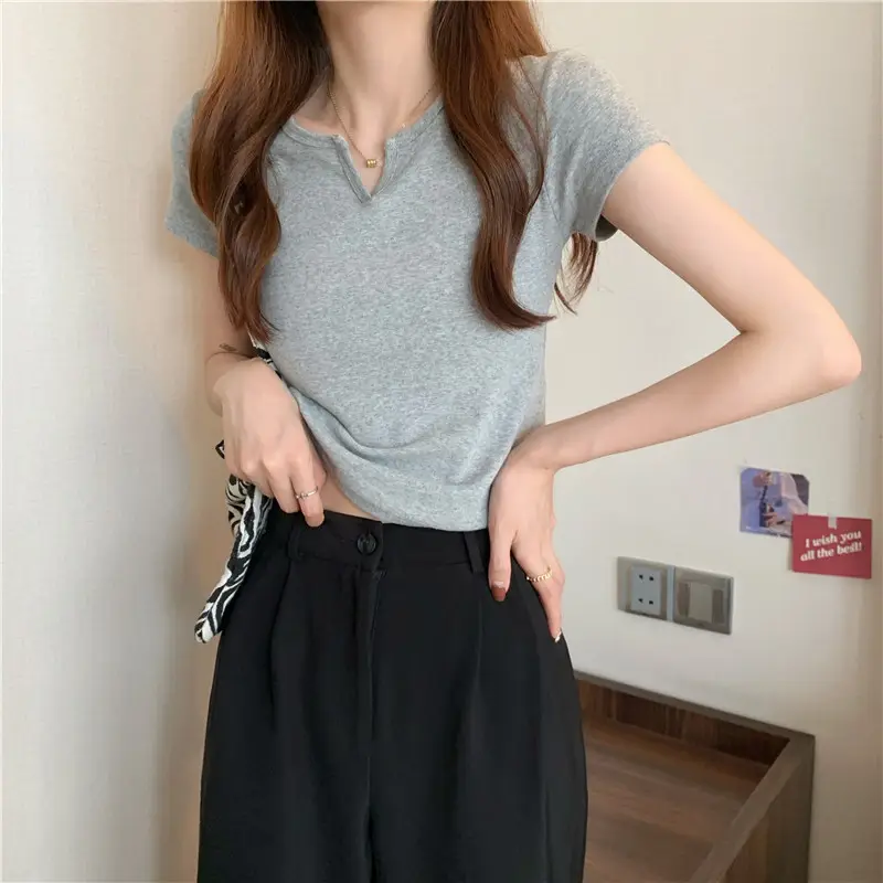 Women Grey Crop Top Short Sleeve Spicy Style 2025 — feature 32