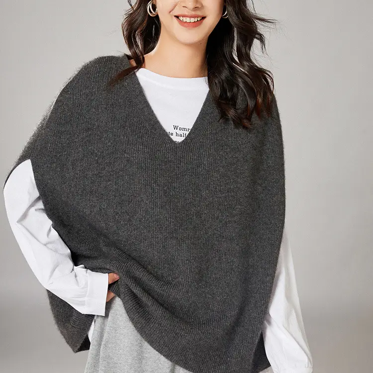 Women's Grey Knitted V-Neck Vest with Bat Sleeves - Image 5