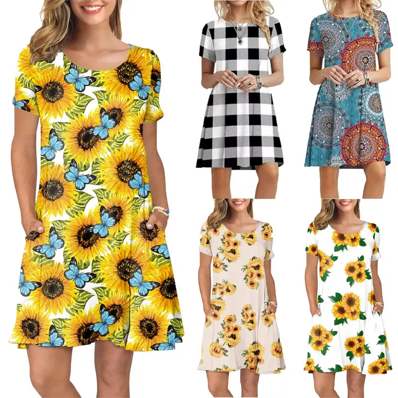 Women Sunflower Printed Casual Dress Blue Checkered - Image 11