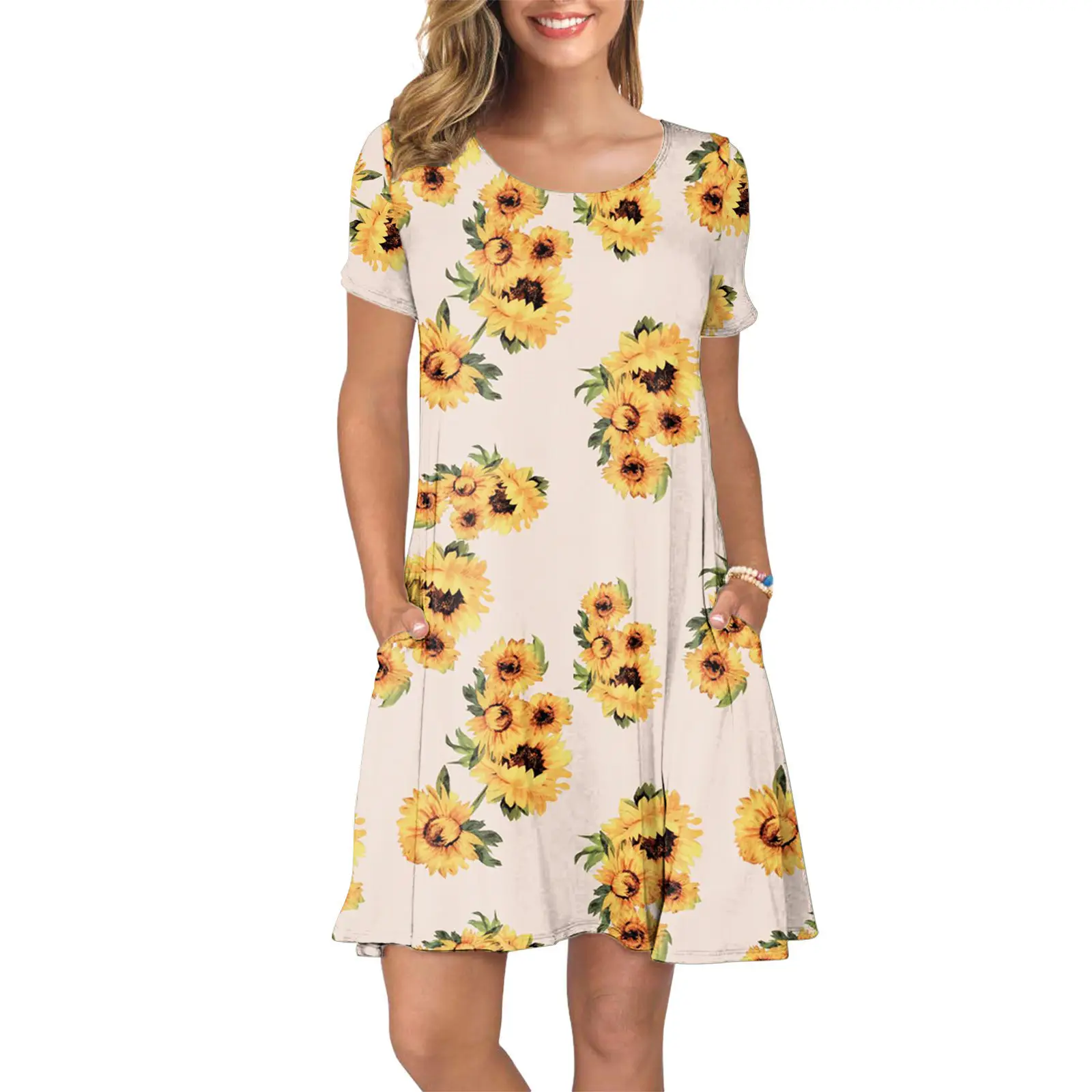 Women Sunflower Printed Casual Dress Blue Checkered - Image 12