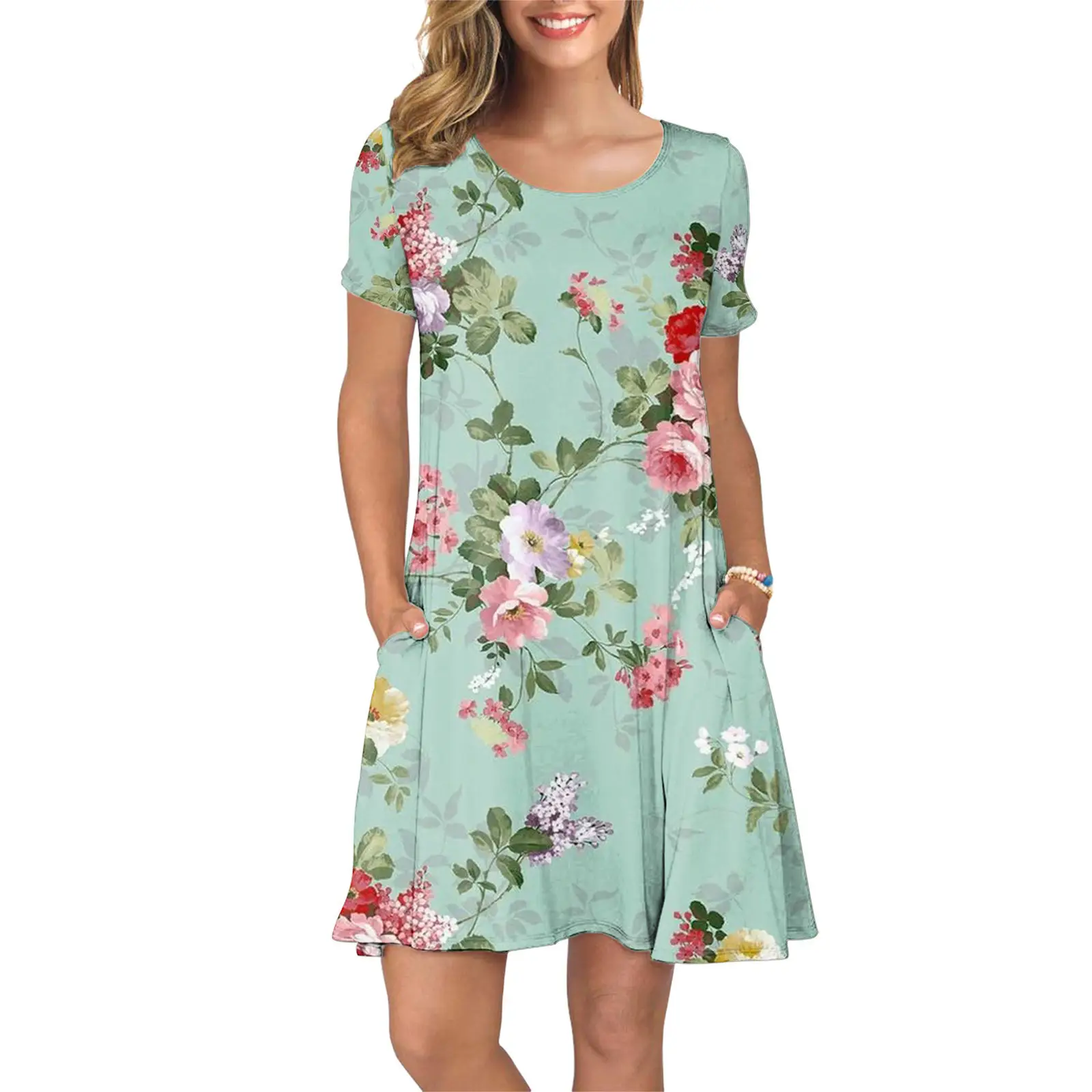 Women Sunflower Printed Casual Dress Blue Checkered - Image 13