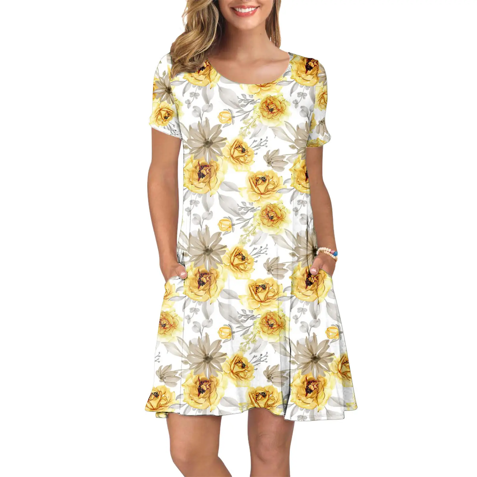 Women Sunflower Printed Casual Dress Blue Checkered - Image 15