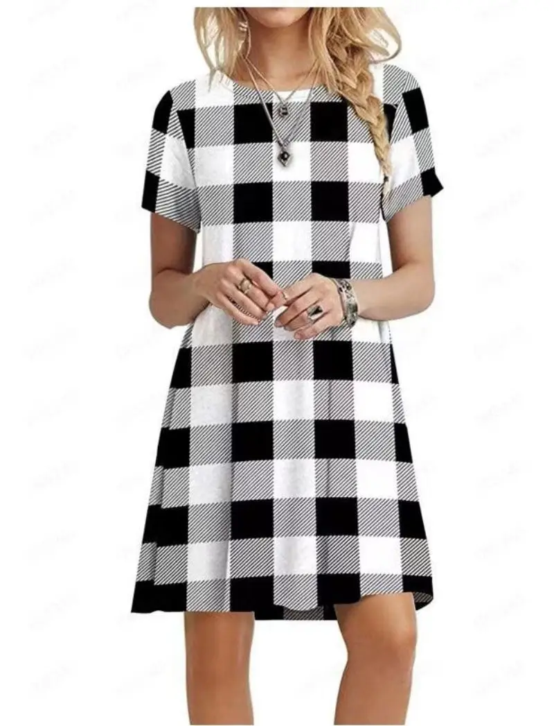 Women Sunflower Printed Casual Dress Blue Checkered - Image 2