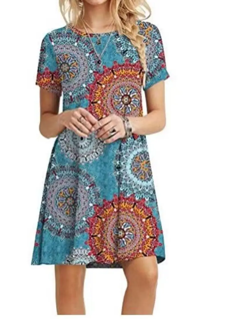 Women Sunflower Printed Casual Dress Blue Checkered - Image 3