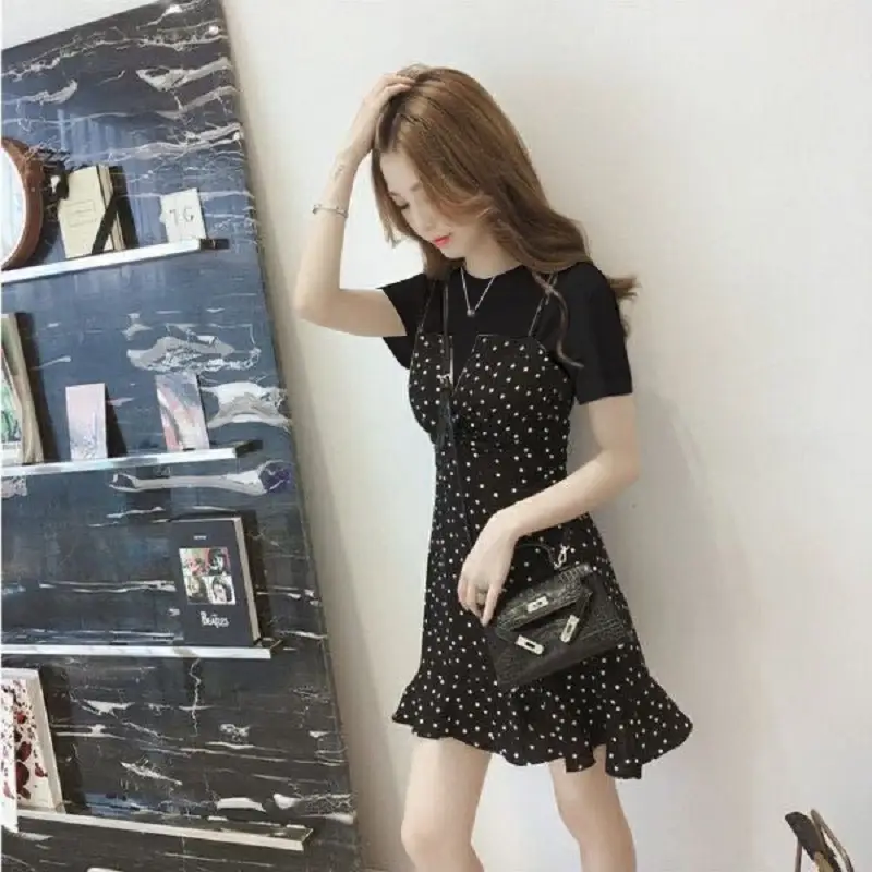 Women Korean Style Black Polka Dot Two Piece Skirt Set - Image 4