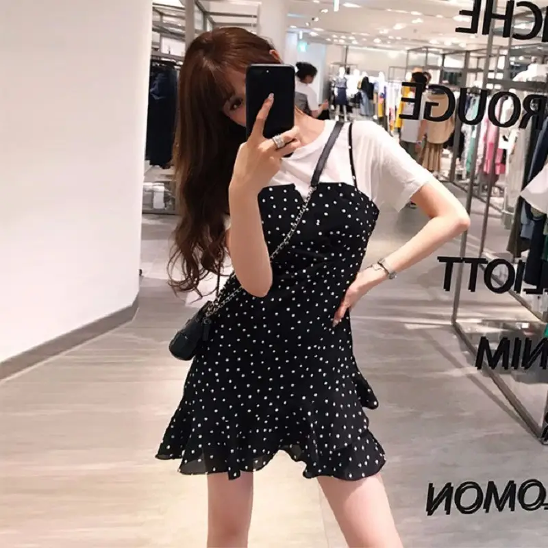 Women Korean Style Black Polka Dot Two Piece Skirt Set - Image 5