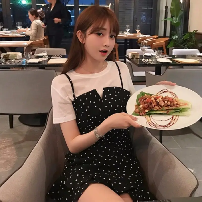 Women Korean Style Black Polka Dot Two Piece Skirt Set - Image 6