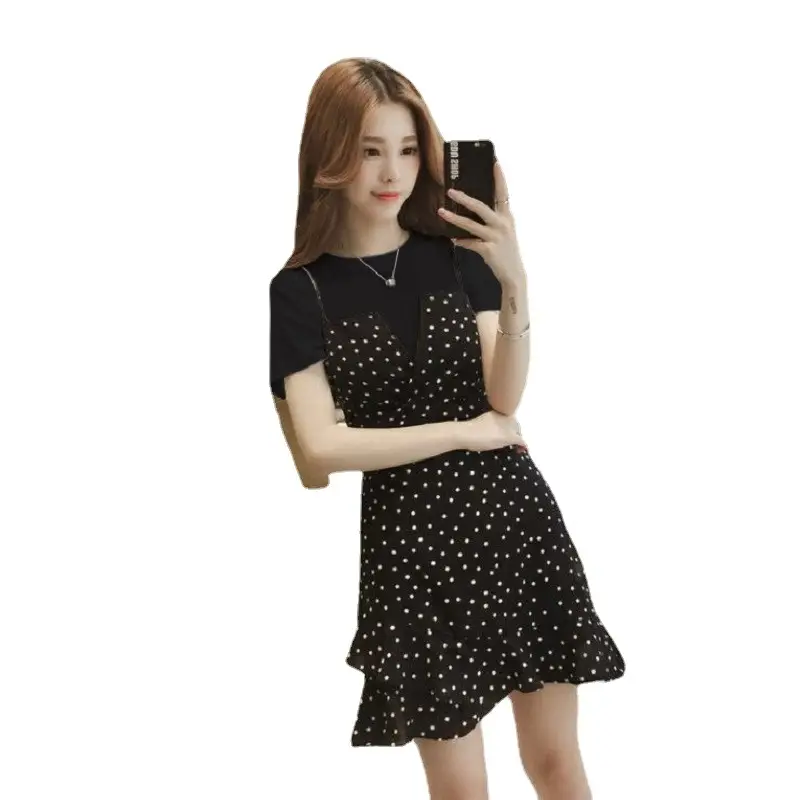 Women Korean Style Black Polka Dot Two Piece Skirt Set - Image 7