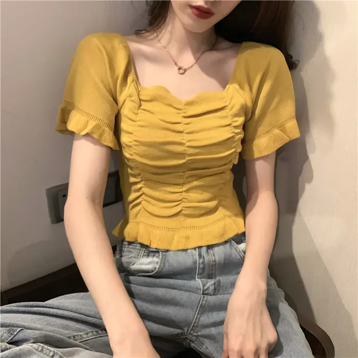 Women's Pleated Square Neck T-Shirt Summer 2025 - Image 10
