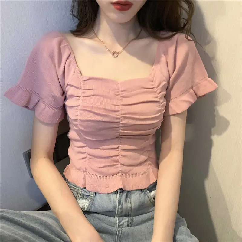 Women's Pleated Square Neck T-Shirt Summer 2025 - Image 6