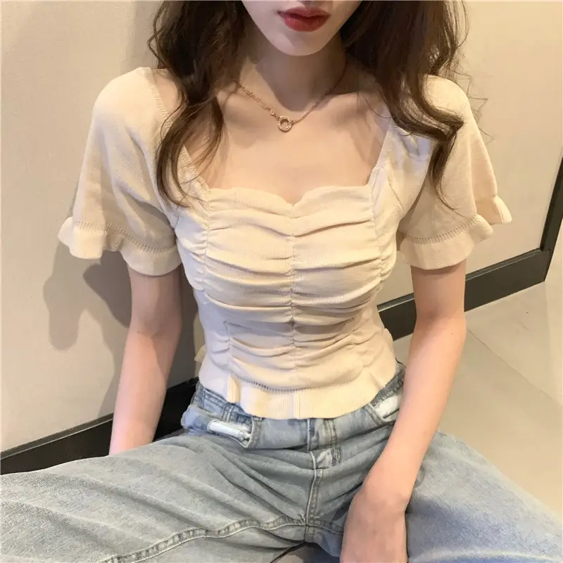 Women's Pleated Square Neck T-Shirt Summer 2025 - Image 7
