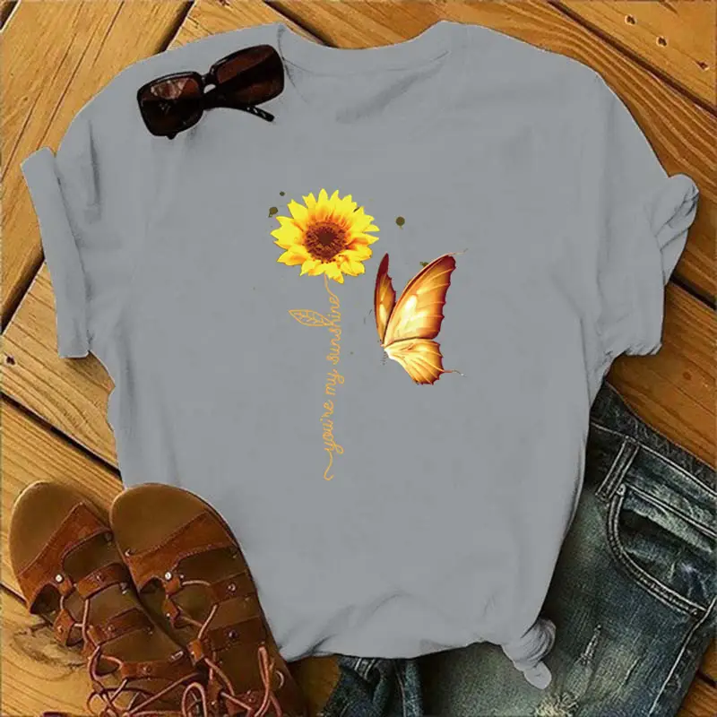 Women Sunflower Butterfly T-Shirt White 2020 - Image 2