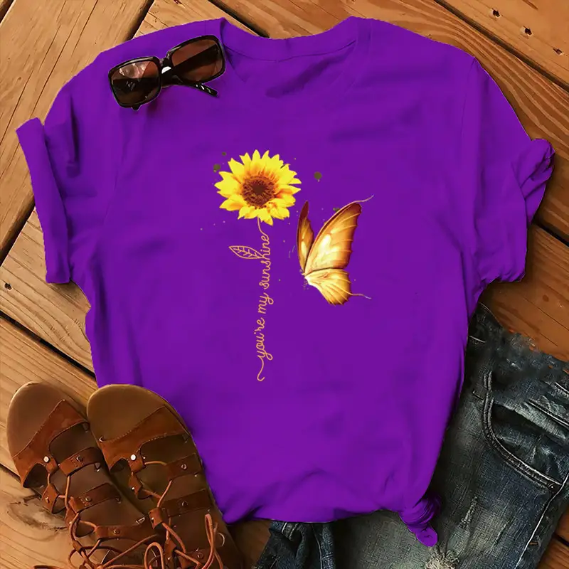 Women Sunflower Butterfly T-Shirt White 2020 - Image 3