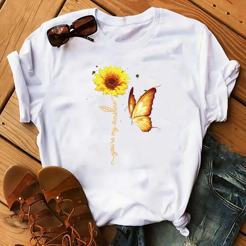 Women Sunflower Butterfly T-Shirt White 2020 - Image 7