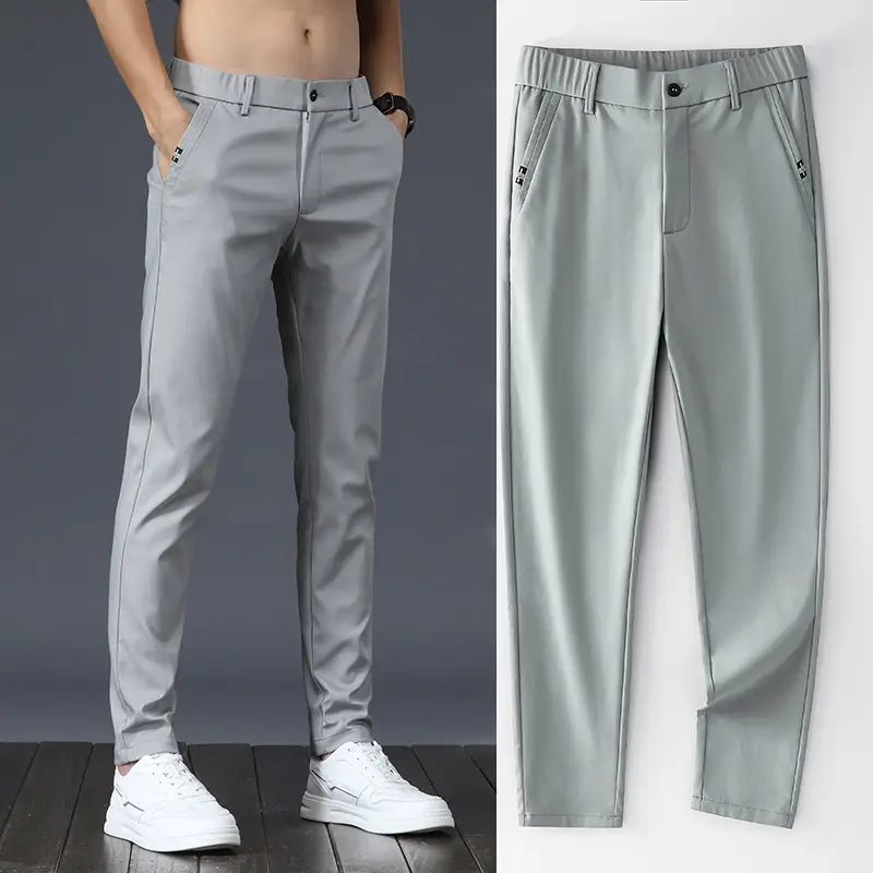 Men's Ice Silk Straight Pants Green Stretch Casual - Image 28