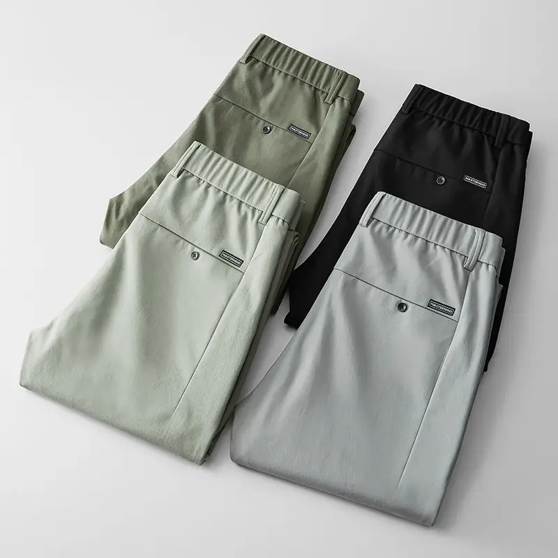 Men's Ice Silk Straight Pants Green Stretch Casual - Image 30