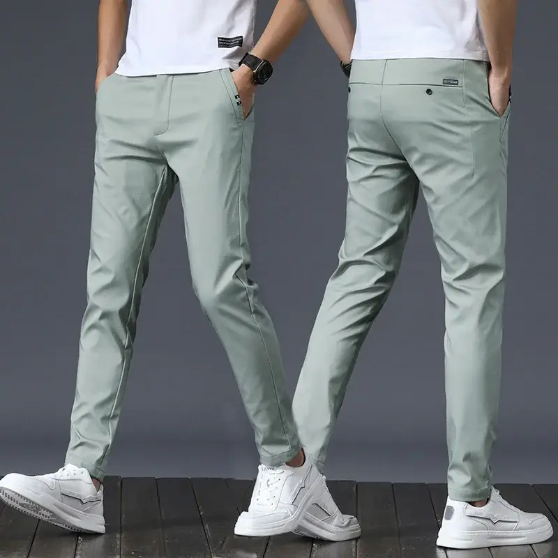 Men's Ice Silk Straight Pants Green Stretch Casual - Image 27