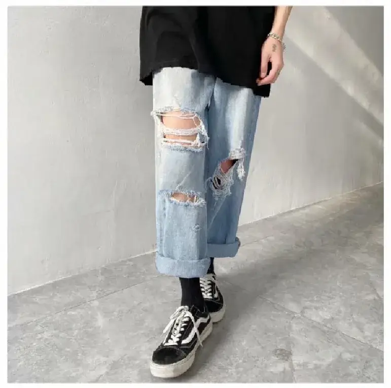 Ripped Washed Jeans Boys Summer Loose Wide Leg Straight Pants - Image 3